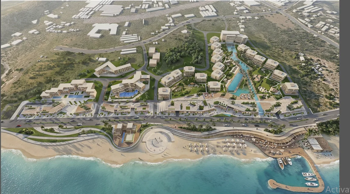Aerial architectural perspective of a coastal beach resort