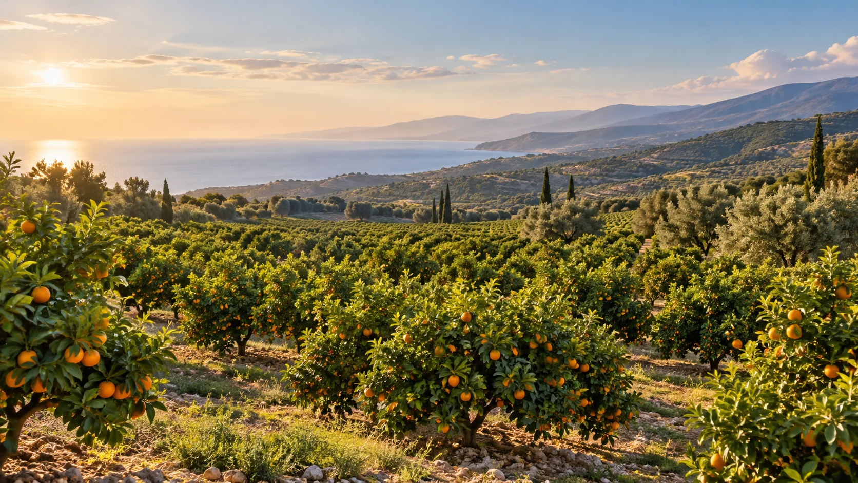 Illustrative Mediterranean orange grove and open land