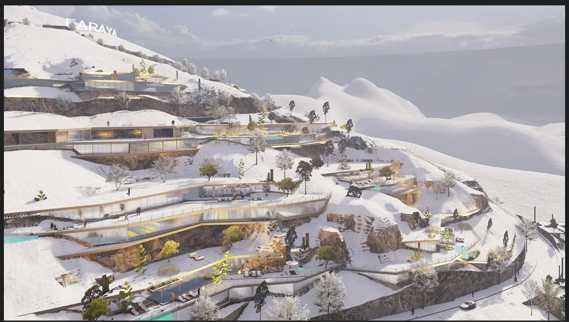 Architectural perspective of a mountain resort in a snowy landscape